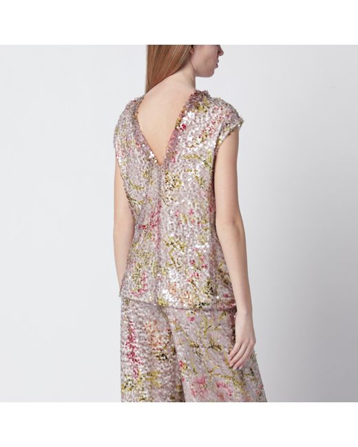 Alberta Ferretti Brown Sleeveless High-Neck Top With A Floral Sequin Pattern