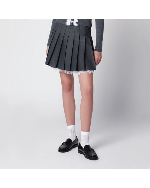 Self-Portrait Black Pleated Wool Mini Skirt With Lace Trim