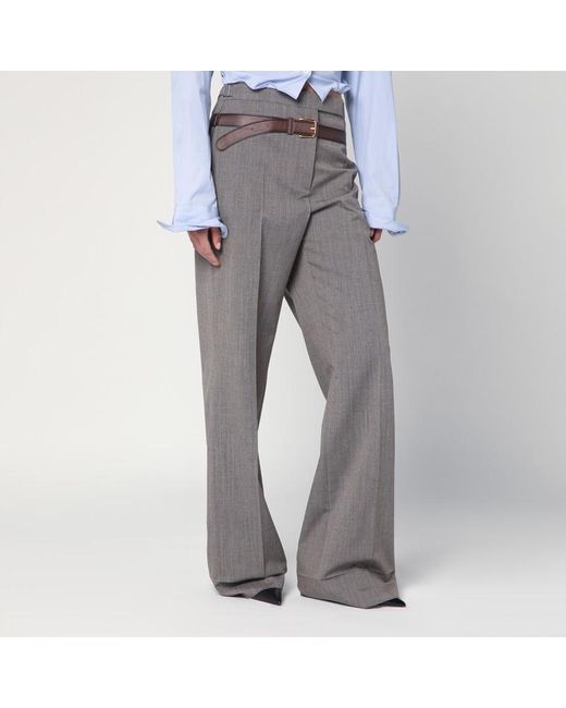 Prada Gray Wool Blend Trousers With Printed Belt