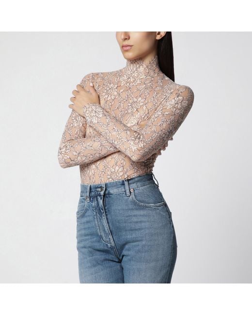 Valentino Blue Nude Rebrodé Lace Bodysuit