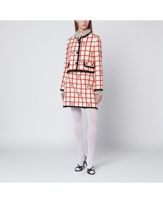 Valentino Pink Ivory Skirt With Check Vlogo Pattern