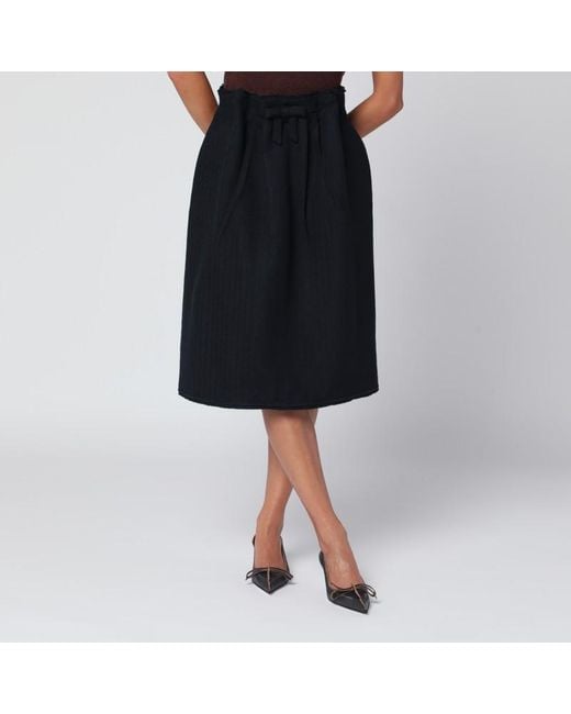 Prada Black Blauer Woll-Midirock Mit Fischgrätenmuster