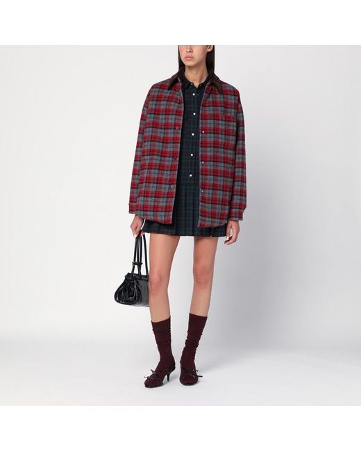 Miu Miu Red Shirt-Style Down Jacket With Slate/ Check Pattern