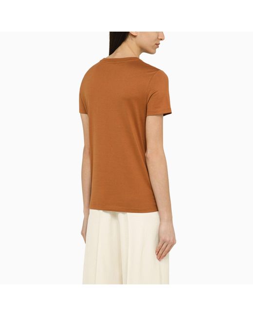Max Mara Brown Leather-colored Cotton T-shirt With Logo