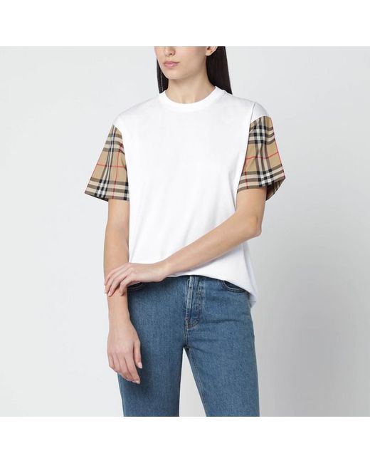 T-shirt bianca con maniche motivo check di Burberry in White