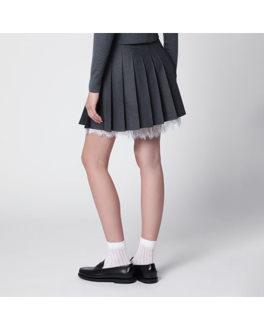 Self-Portrait Black Pleated Wool Mini Skirt With Lace Trim