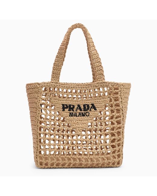 Prada Metallic Natural Logoed Crochet Tote Bag