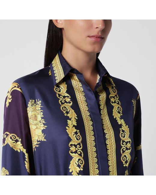 Versace Blue Eggplant Chemisier Mini Dress With Baroque Print