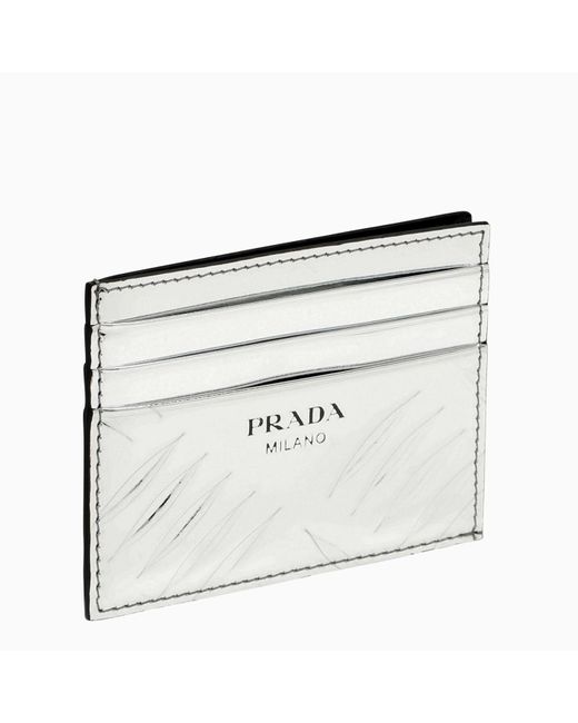 Prada White Silver Leather Card Case for men