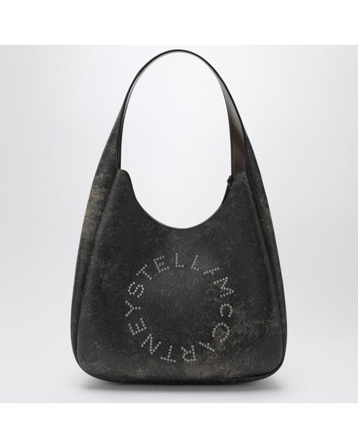 Borsa hobo grande effetto invecchiato con logo di Stella McCartney in Black