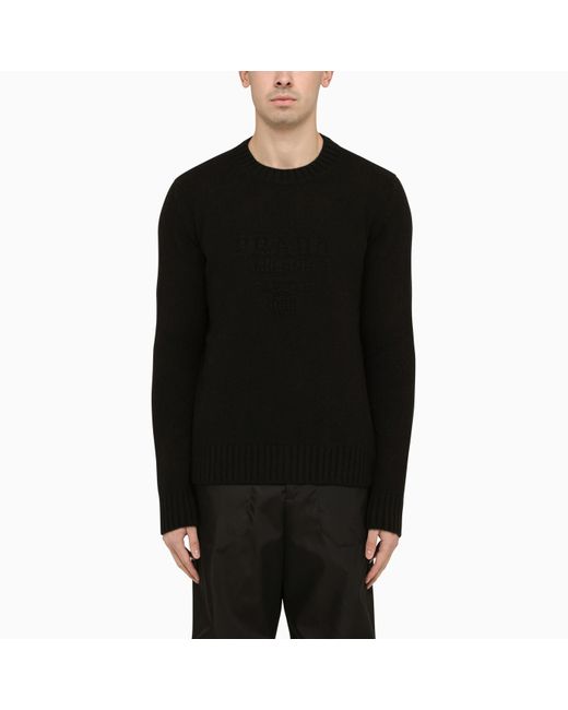 Prada Black Wool Cashmere Crew-neck Sweater With Logo for men
