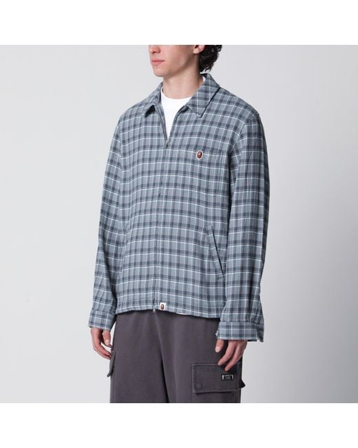 A Bathing Ape Blue Zipup Shirt With Check Pattern for men