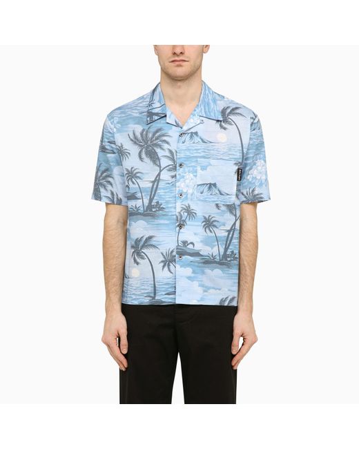 Palm Angels Blue Bowling Shirt With Sunset Print for men