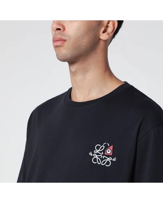 Loewe Black T-Shirt With Anagram Embroidery And Futurist Cat for men
