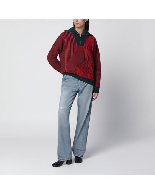 MM6 by Maison Margiela Red Forest Wool Blend Jacquard Knit Sweater