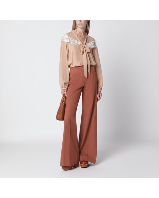 Chloé Brown Biscuit Silk And Lace Shirt