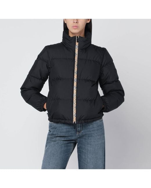 Burberry Black Zip-Up Puffer Jacket With Check Detail