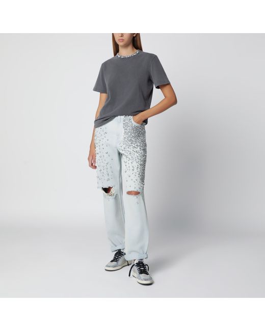 Golden Goose Deluxe Brand Gray Anthracite Cotton T-Shirt With Cabochon Crystals