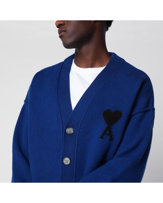 AMI Blue Ami De Coeur Wool Cardigan for men