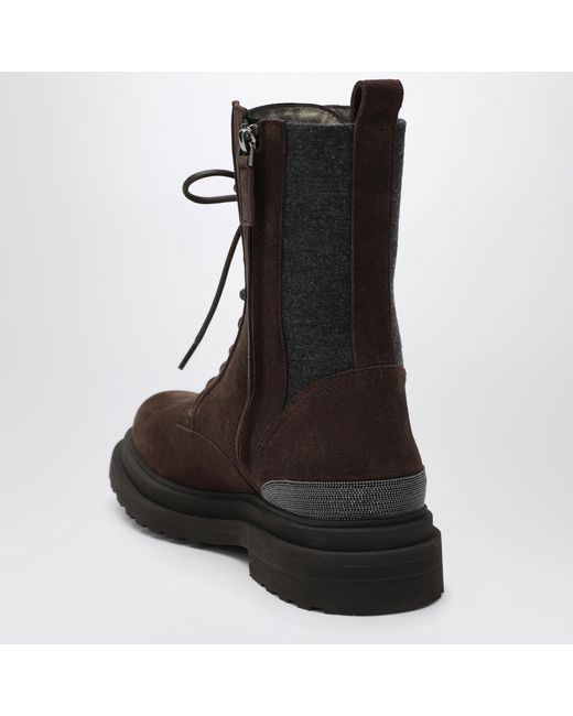 Brunello Cucinelli Brown Espresso Suede Boots With Virgin Wool Insert