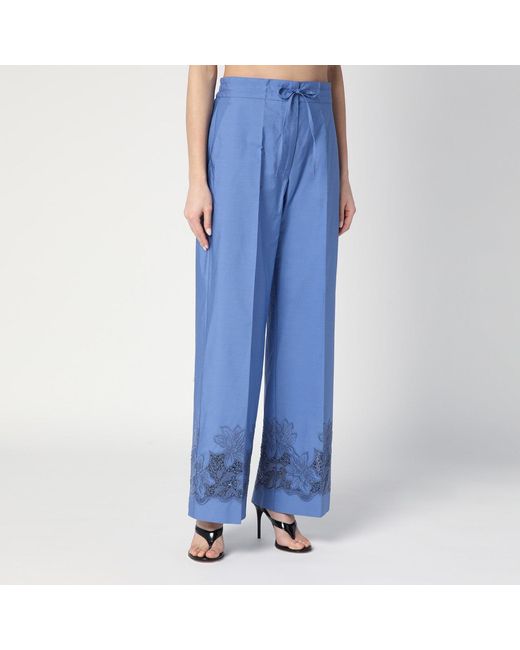 P.A.R.O.S.H. Blue Embroidered Cotton Pants