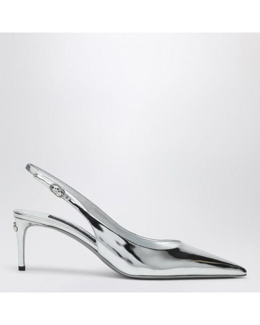 Dolce & Gabbana White Slingback-Dekolleté-Schuh Aus Leder Silber Metallic
