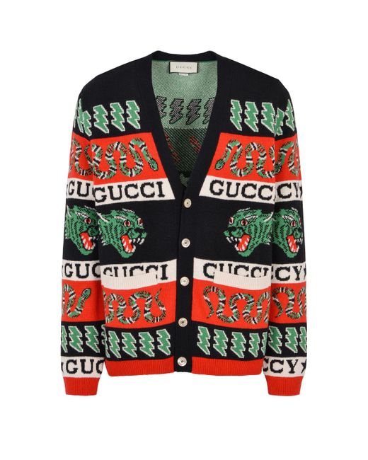 Gucci Black Long Cardigan With Tiger And Snake Motif for men