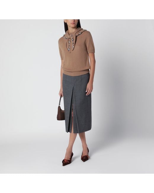 Prada Brown Camel Cashmere Sweater With Jewel Scarf