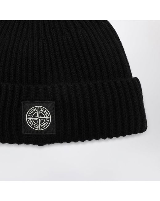 Stone Island Schwarze Wollmütze Mit Compass-Patch in Black für Herren