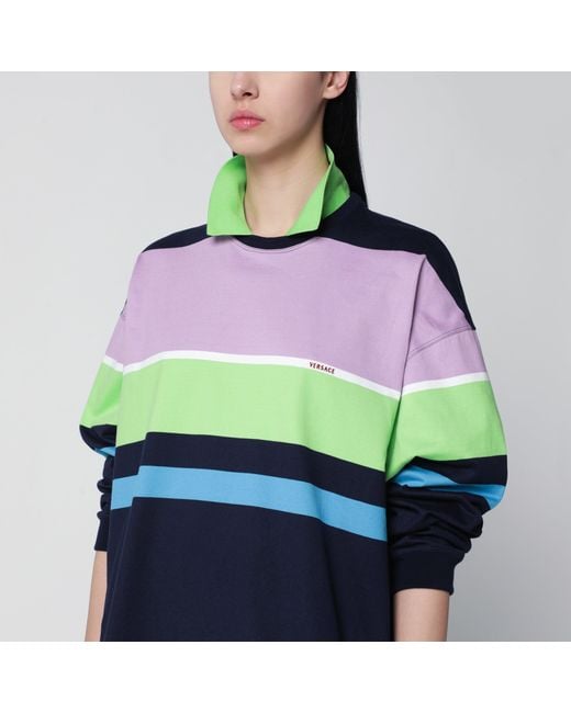 Versace Blue Color-Block Striped Long-Sleeve Cotton Mini Dress