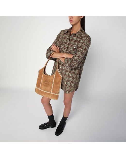 Camicia in lana check cammello di Miu Miu in Brown