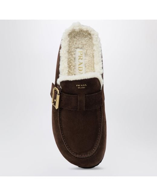 Prada Brown Moro Suede Clogs With Shearling Lining