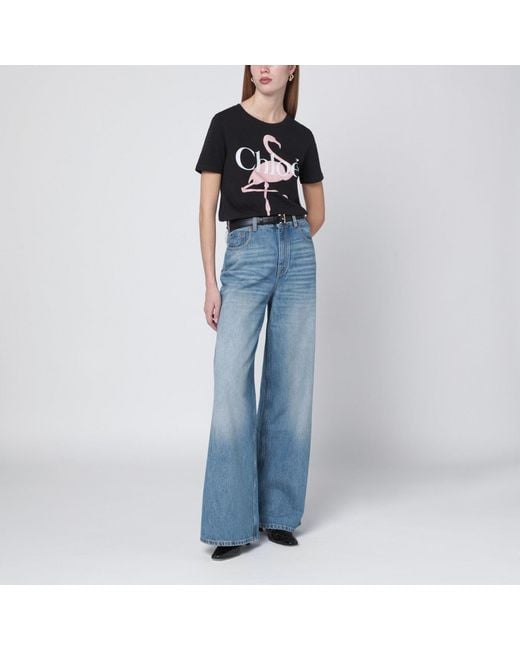 Chloé Blue Baby-Fit T-Shirt With Logo And Flamingo Print