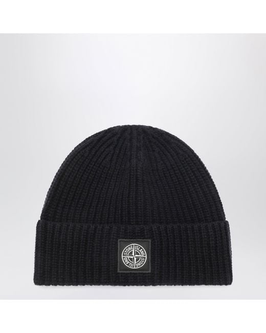 Stone Island Black Wool Beanie With Compass Patch for men