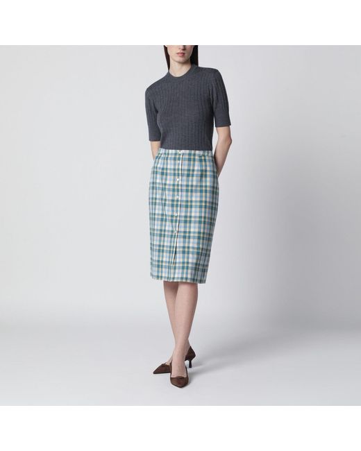Prada Blue Ottanio Pencil Skirt With Check Pattern