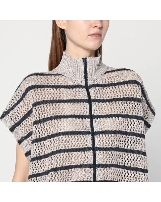 Cardigan in rete a righe in misto lino di Brunello Cucinelli in Brown