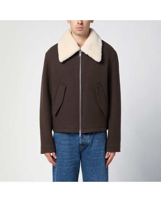 AMI Black Dark Coffe Wool Bomber Jacket With Shearling Collar for men