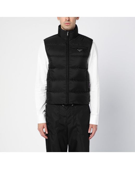 Prada Black Padded Re-nylon Waistcoat With Logo for men