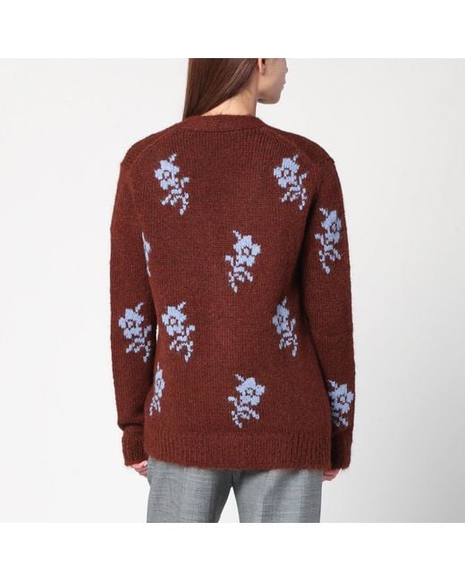 Jil Sander Red Cardigan With Floral Inlay