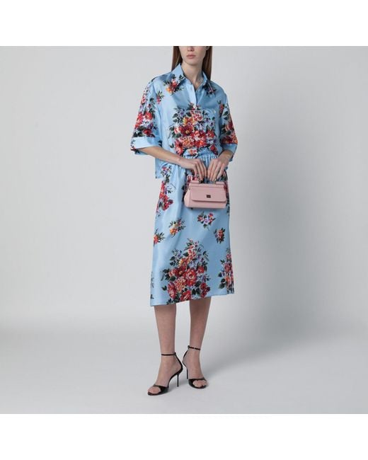 Dolce & Gabbana Blue Silk Twill Skirt With Floral Print