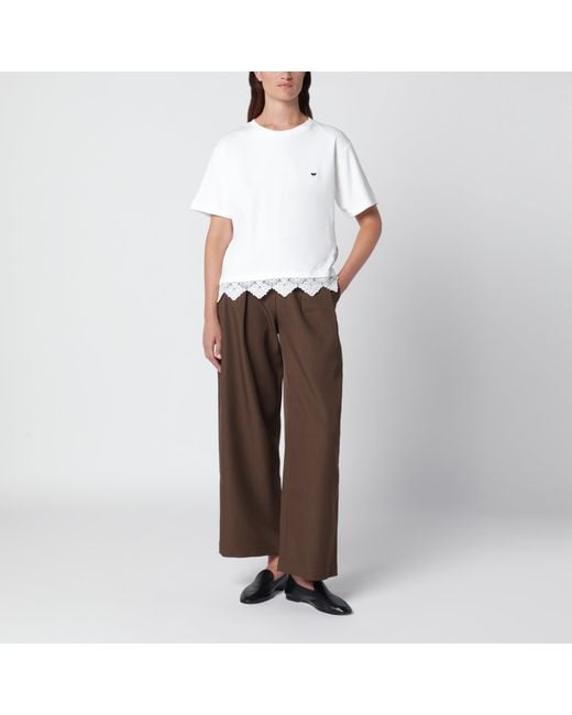 Weekend by Maxmara White Cotton T-Shirt With Lace Trim