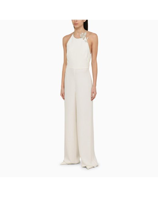 Valentino White Ivory Cady Couture Jumpsuit With Embroidery