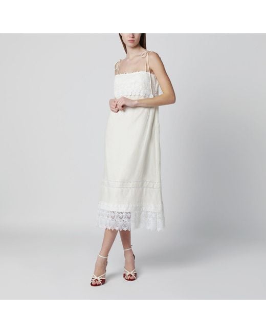 Valentino White Ivory Linen Midi Dress With Sangallo Embroidery