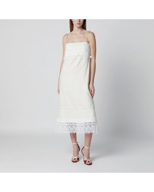 Valentino White Ivory Linen Midi Dress With Sangallo Embroidery