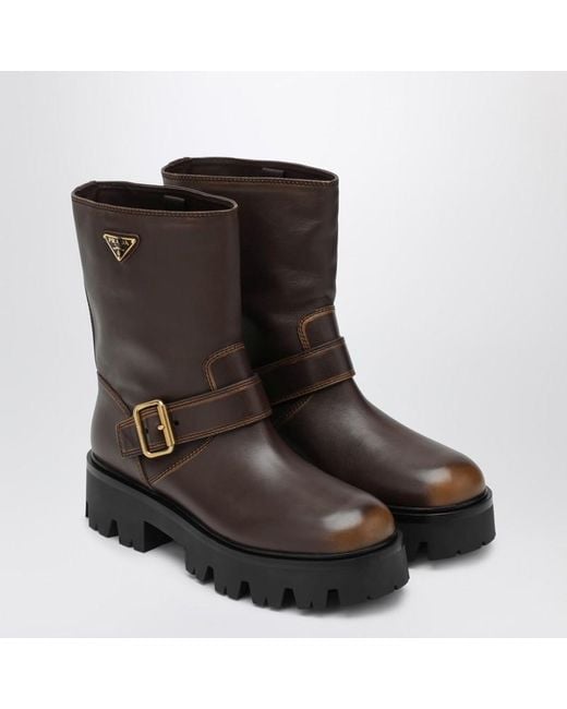 Prada Brown Cocoa-Colored Leather Ankle Boots