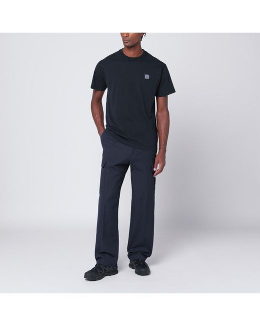 Stone Island Black Navy Cotton T-shirt With Logo Patch for men