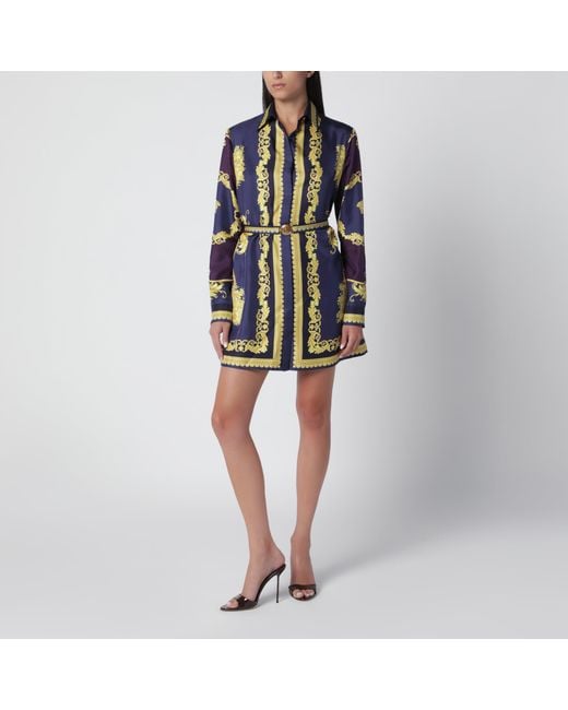 Versace Blue Eggplant Chemisier Mini Dress With Baroque Print