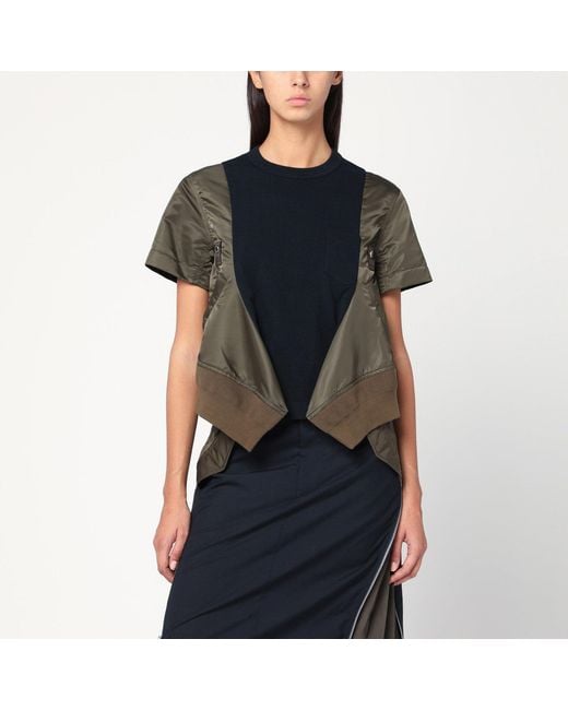 Sacai Black Kaki Cotton And Nylon T-Shirt