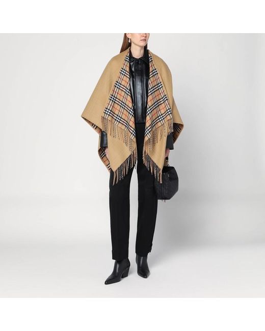 Burberry Natural Wool Cape With Check Pattern