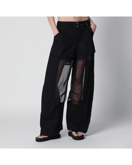 Sacai Black Cargo Trousers With Semi-Sheer Insert